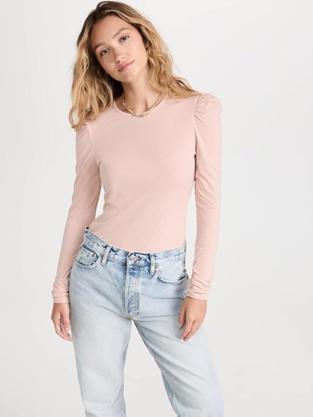 REBECCA TAYLOR Soft Blush Pink Cotton Ruched Long Sleeve T-Shirt, Size S